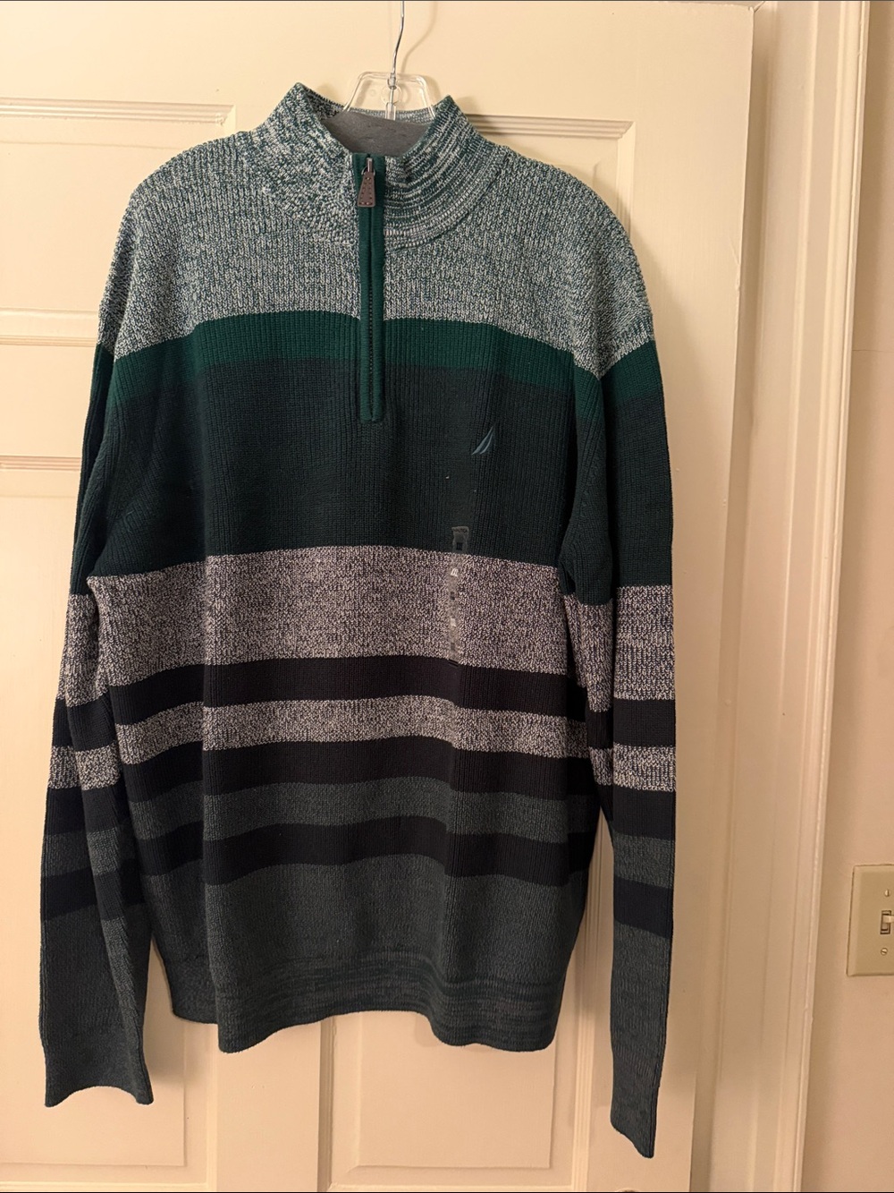 Nautica Men's Green, Gray & Black Striped Quarter-Zip Sweater